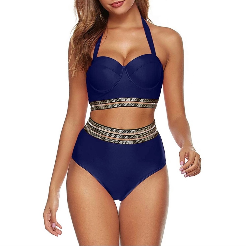 Vintage Inspired High Waisted Two Piece Bikini Swimsuit With Tummy Control Large